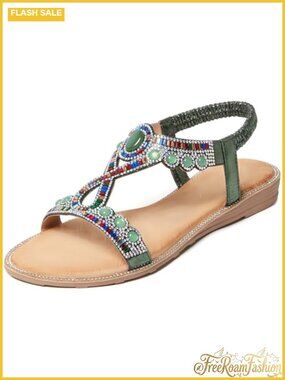 Rhinestone T-Strap Flat Sandals Faux Leather Open Toe Elastic Ankle Strap
